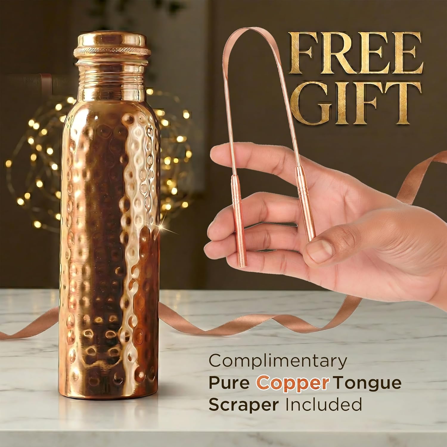 Copper Hammered Water Bottle 1L - Pure Copper, Ayurvedic Wellness