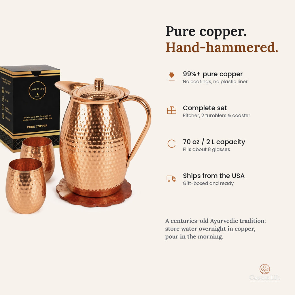 Features: 99%+ pure copper, complete set, 70 oz / 2 L capacity, ships from the USA