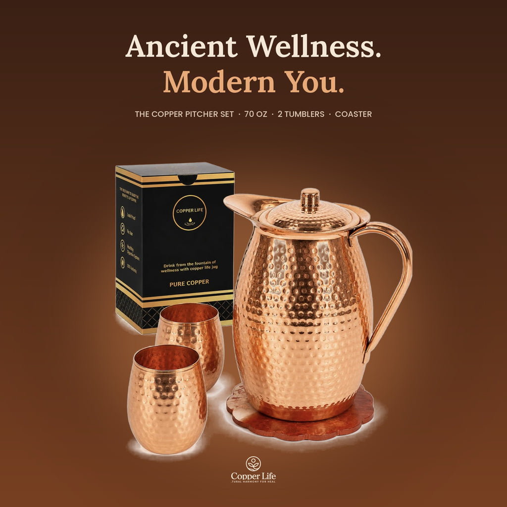 Copper Life pitcher set on a copper background - Ancient Wellness, Modern You