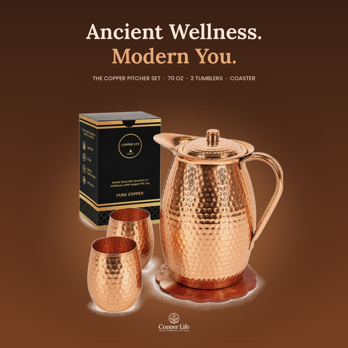 Copper Life pitcher set on a copper background - Ancient Wellness, Modern You