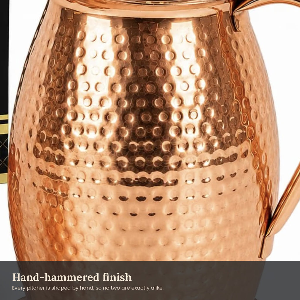 Close-up of the hand-hammered finish on the copper pitcher