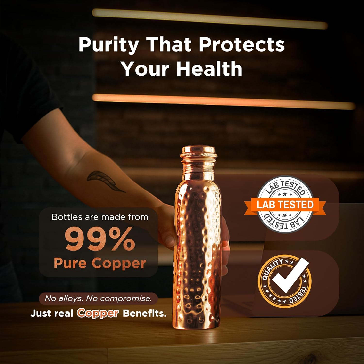 Copper Hammered Water Bottle 1L - Pure Copper, Ayurvedic Wellness