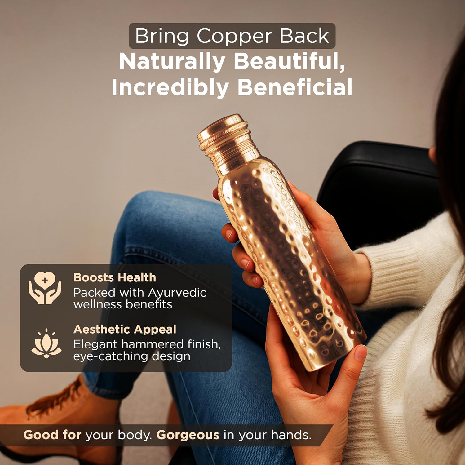 Copper Hammered Water Bottle 1L - Pure Copper, Ayurvedic Wellness