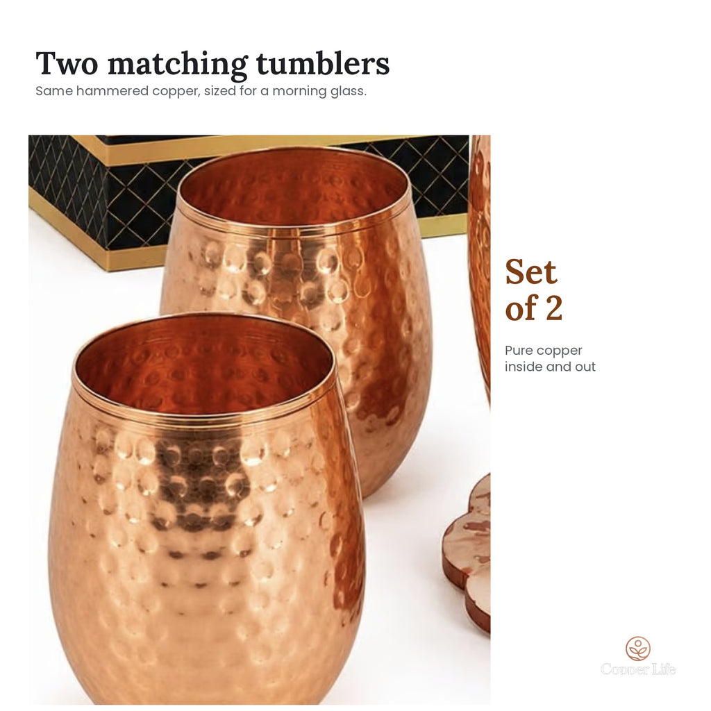 Two matching hammered copper tumblers included with the pitcher set