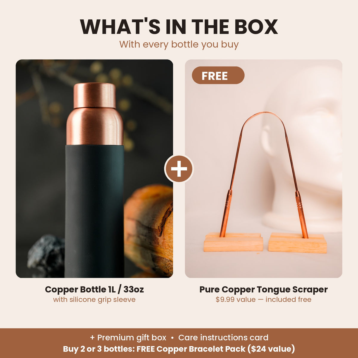 What's in the box - copper bottle and free tongue scraper