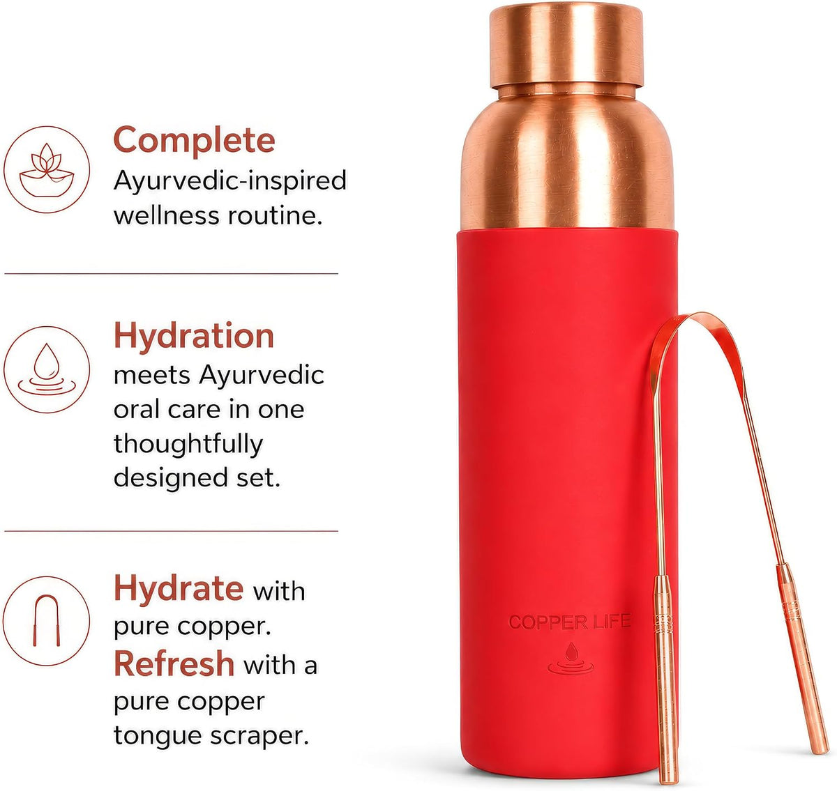 Red copper bottle with tongue scraper set