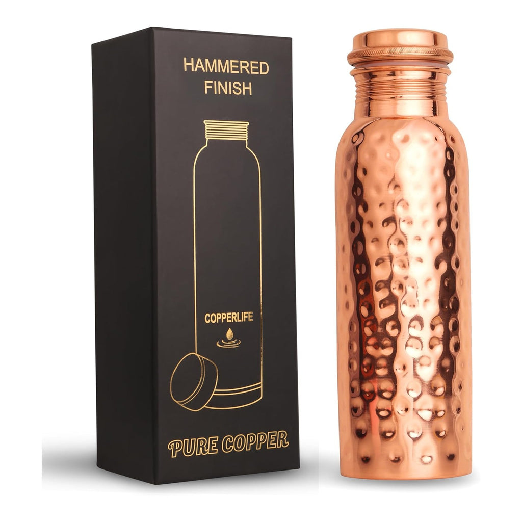 Copper Hammered Water Bottle 1L - Pure Copper, Ayurvedic Wellness