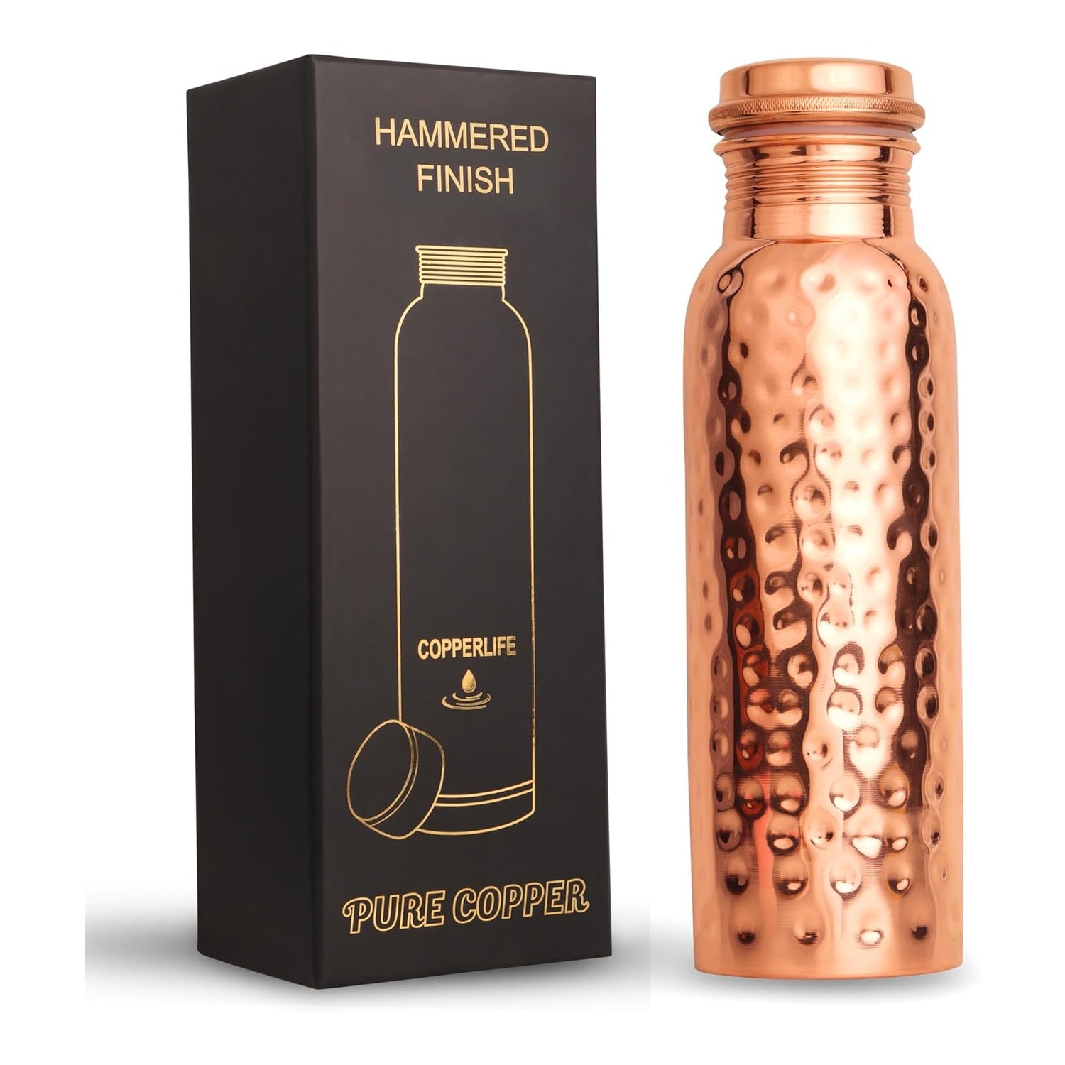 Copper Hammered Water Bottle 1L - Pure Copper, Ayurvedic Wellness