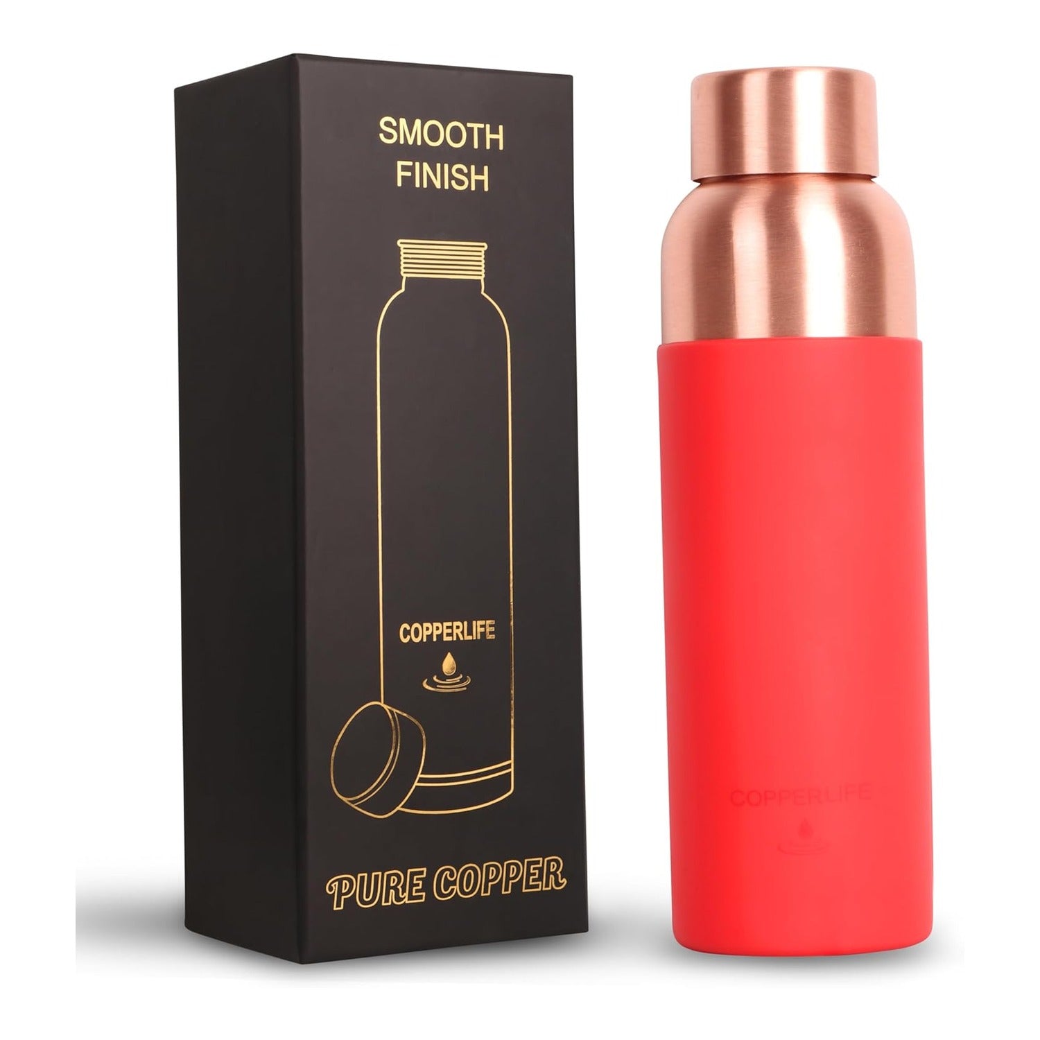 Copper Smooth Water Bottle 1L + FREE Tongue Scraper - Silicone Grip