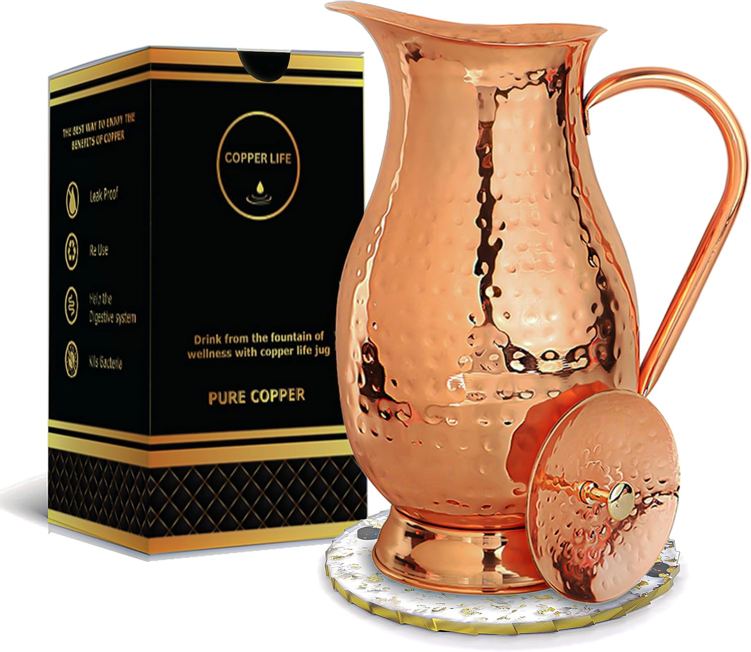 Premium Hammered Copper Pitcher 70oz - Pure Copper Water Jug