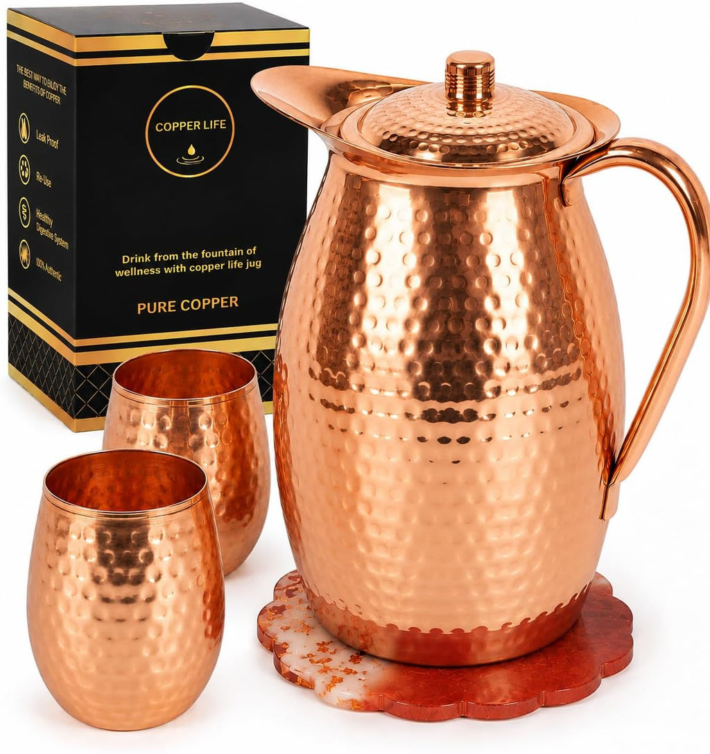 Copper Life pitcher set - 70 oz hammered copper pitcher with lid, two copper tumblers, artisan resin coaster with copper-flake finish, and gift box
