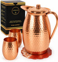 Copper Life pitcher set - 70 oz hammered copper pitcher with lid, two copper tumblers, artisan resin coaster with copper-flake finish, and gift box