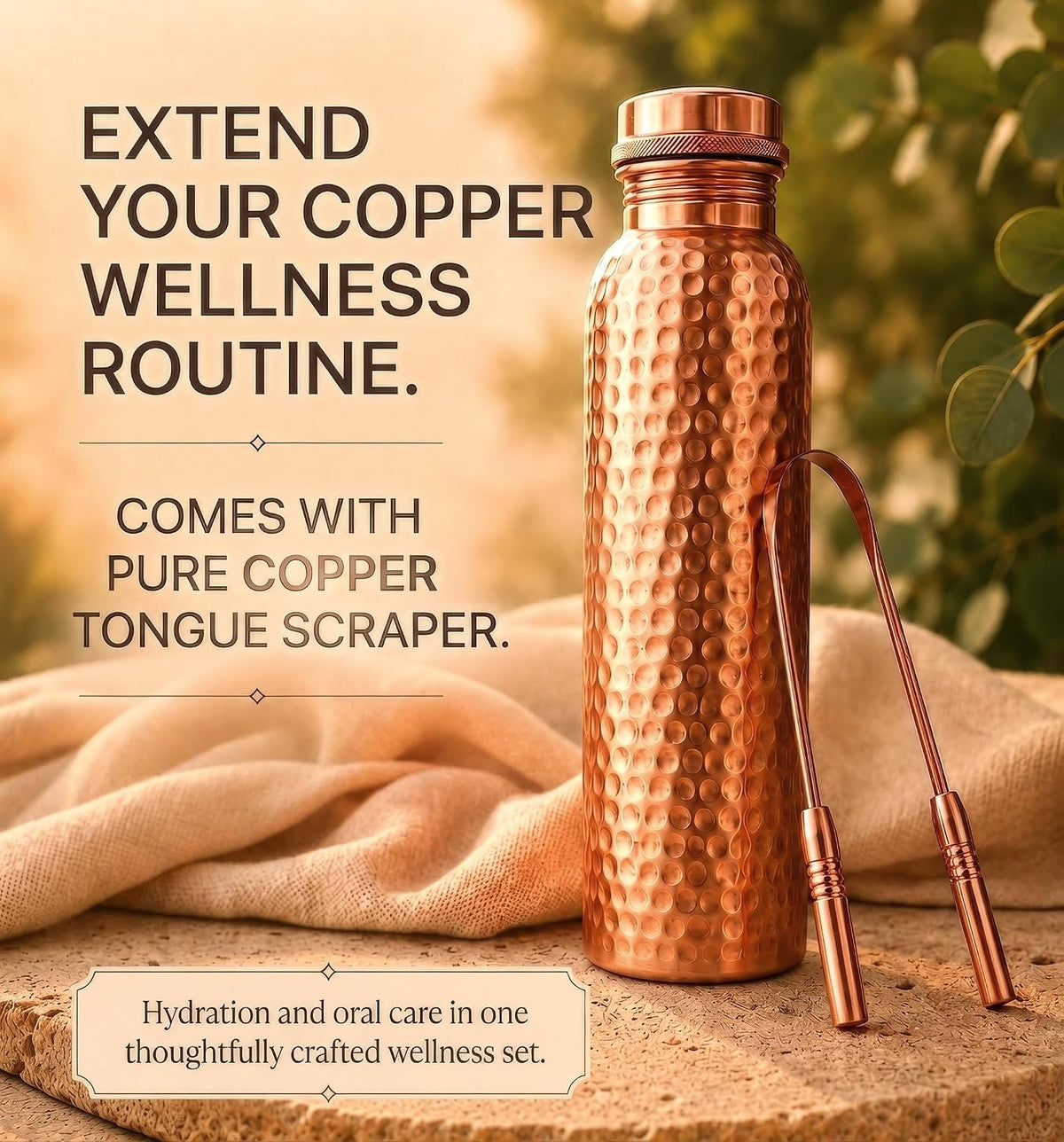 Copper Hammered Water Bottle 1L - Pure Copper, Ayurvedic Wellness