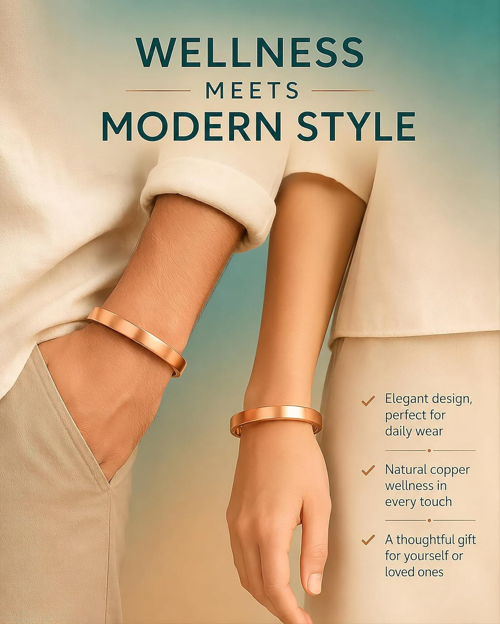 Pure Copper Bracelets for Men & Women, Pack of 2 - Adjustable Solid Copper Cuffs