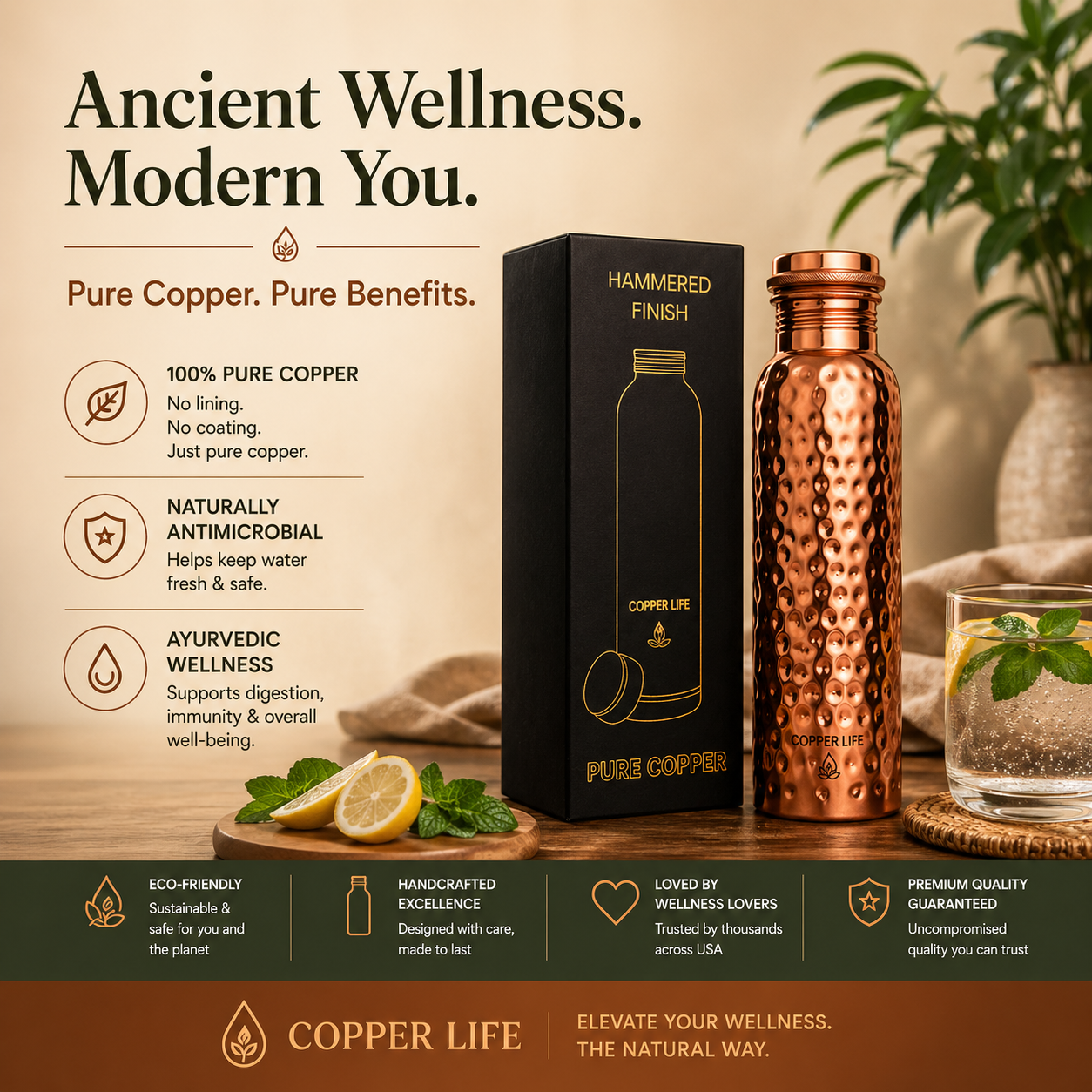 Copper Hammered Water Bottle 1L - Pure Copper, Ayurvedic Wellness