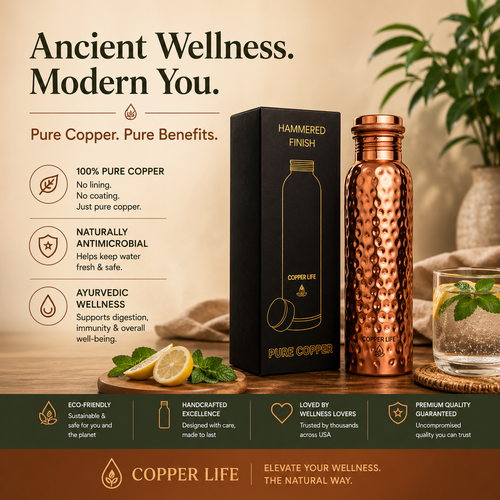 Copper Hammered Water Bottle 1L - Pure Copper, Ayurvedic Wellness