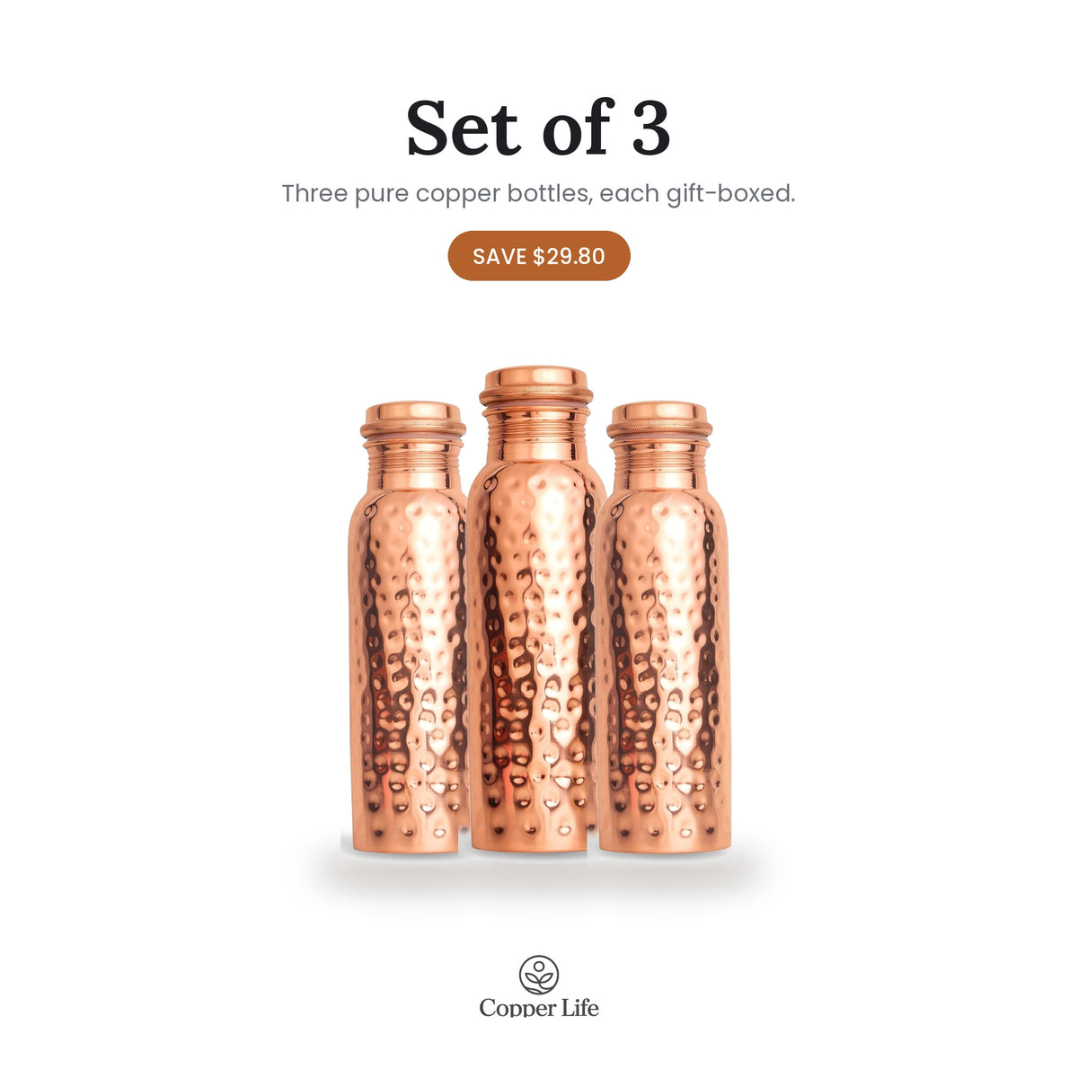 Copper Hammered Water Bottle 1L - Pure Copper, Ayurvedic Wellness