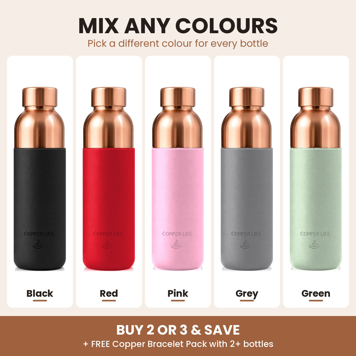 Copper smooth bottle - mix any colours: Black, Red, Pink, Grey, Green