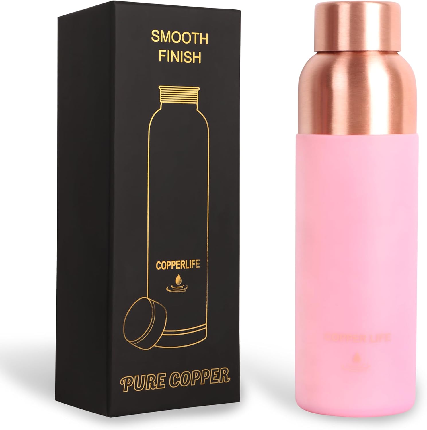 Copper Smooth Water Bottle 1L + FREE Tongue Scraper - Silicone Grip